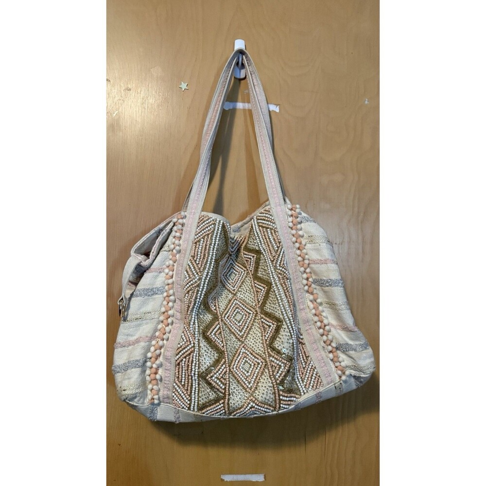 America & Beyond Womens Beaded Geometric Snap Closure Tote Handbag Multicolor